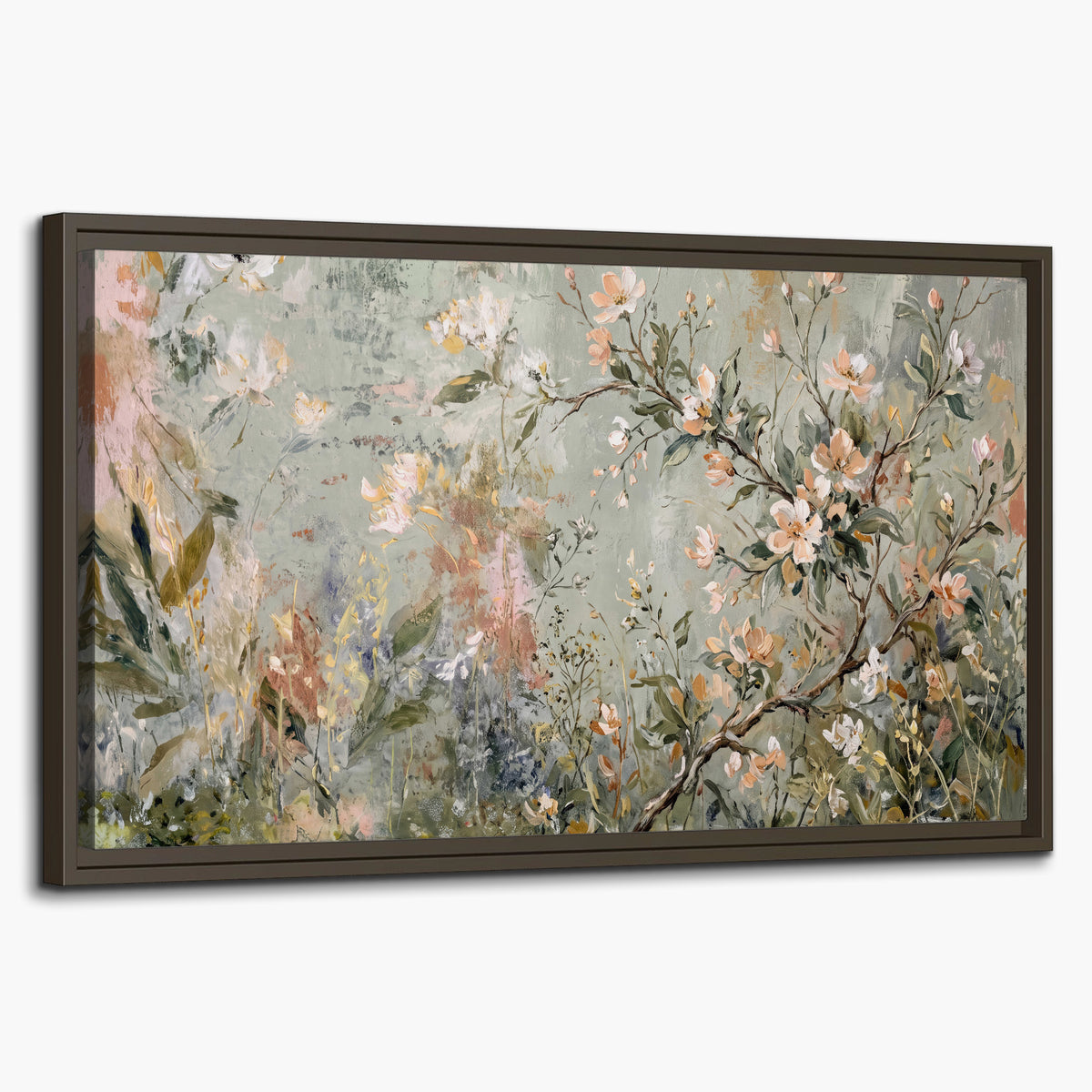 Delicate pink and ivory flowering branches against muted sage green single framed canvas wall art on a white background