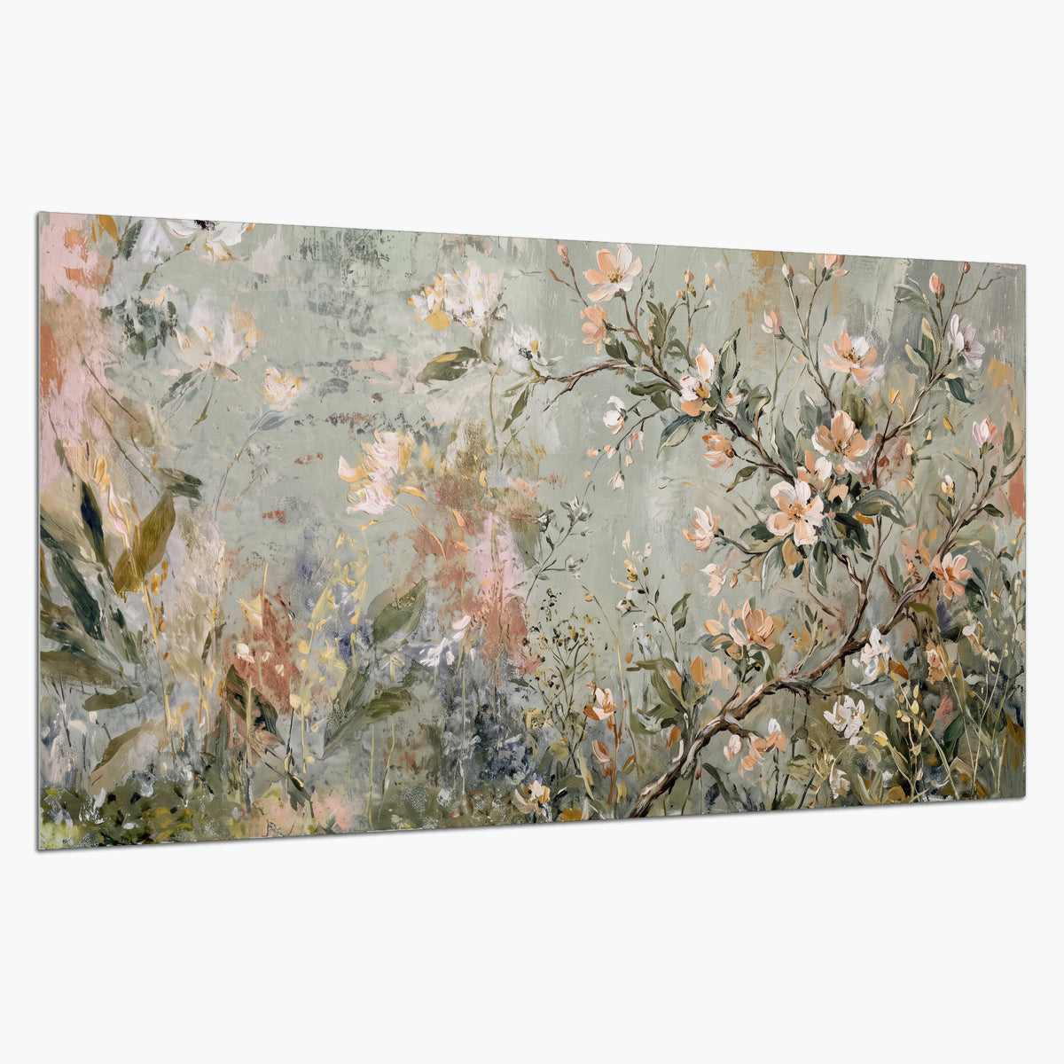 Delicate pink and ivory flowering branches against muted sage green single poster print on a white background