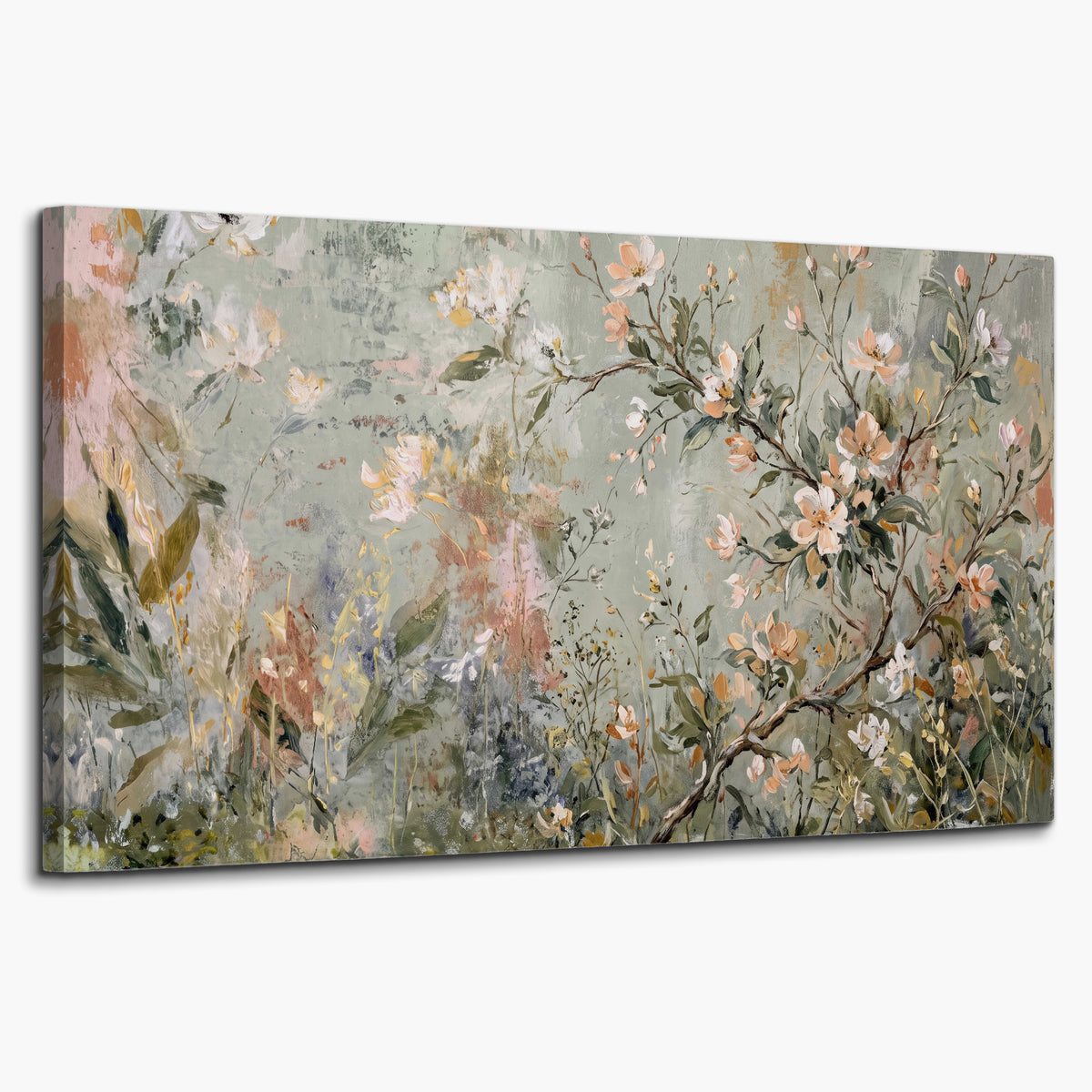 Delicate pink and ivory flowering branches against muted sage green single canvas wall art on a white background