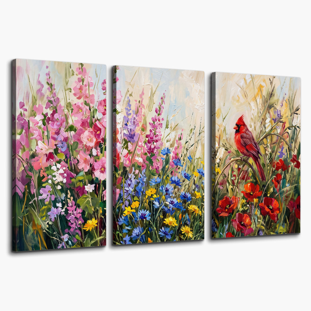 A bright red cardinal among vivid pink, blue and yellow wildflowers 3 piece canvas wall art on a white background