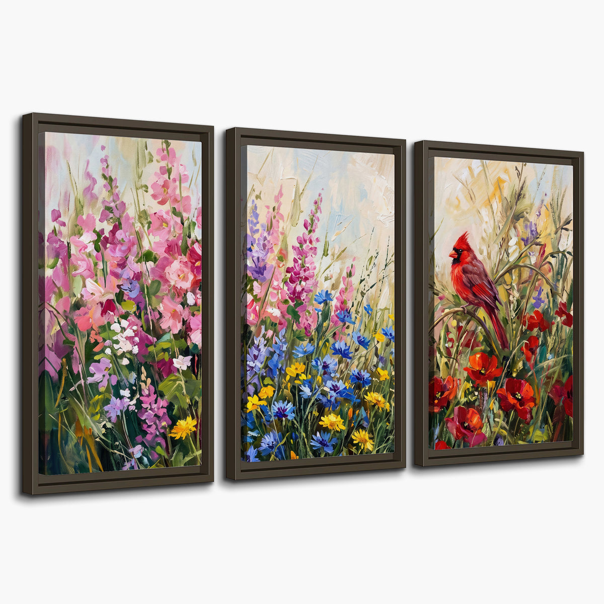 A bright red cardinal among vivid pink, blue and yellow wildflowers 3 piece framed canvas wall art on a white background