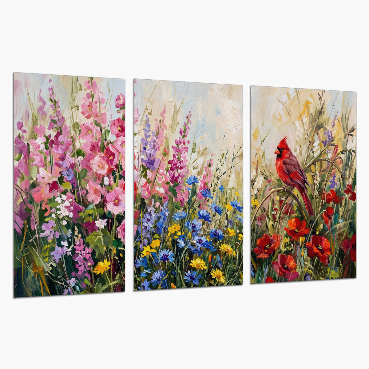 A bright red cardinal among vivid pink, blue and yellow wildflowers set of 3 poster prints on a white background