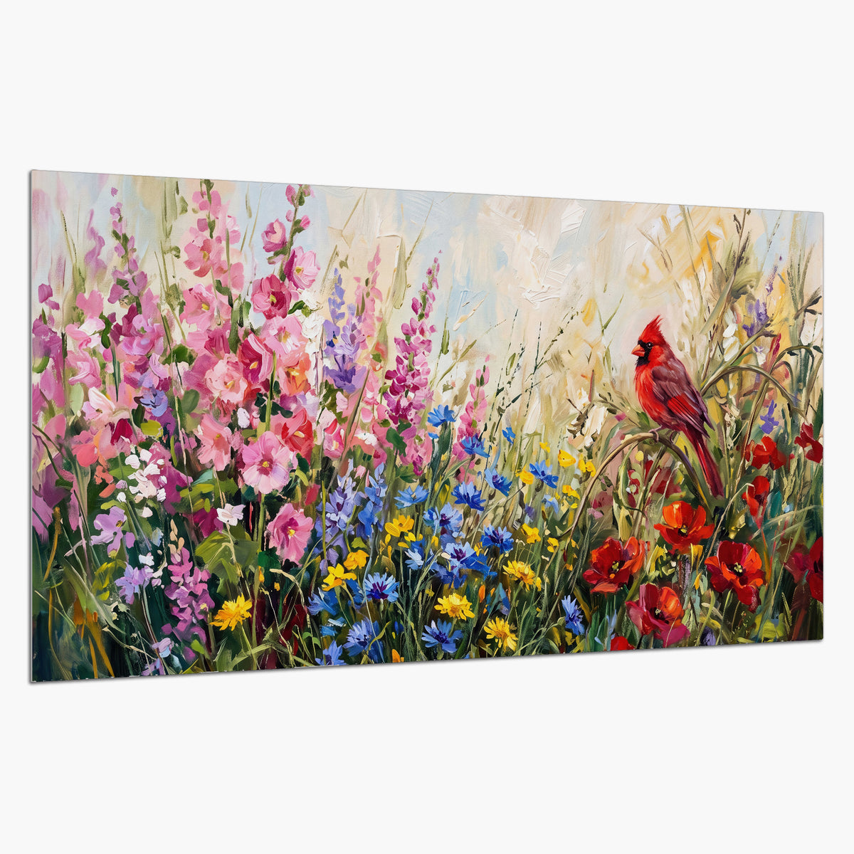 A bright red cardinal among vivid pink, blue and yellow wildflowers single poster print on a white background