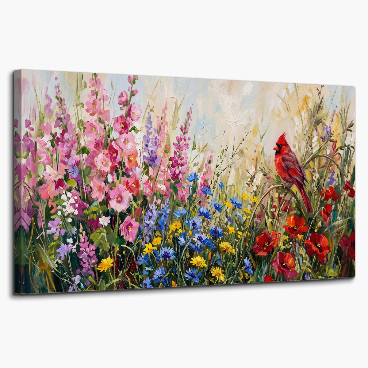 A bright red cardinal among vivid pink, blue and yellow wildflowers single canvas wall art on a white background