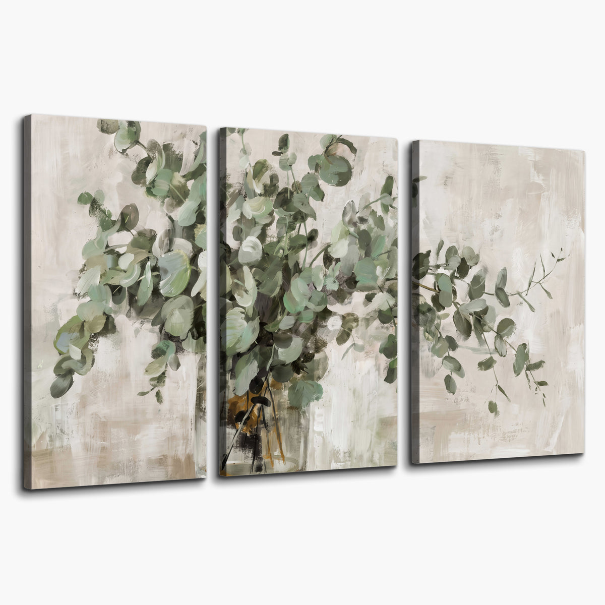 Soft sage eucalyptus leaves and pale stems on a warm cream background 3 piece canvas wall art on a white background