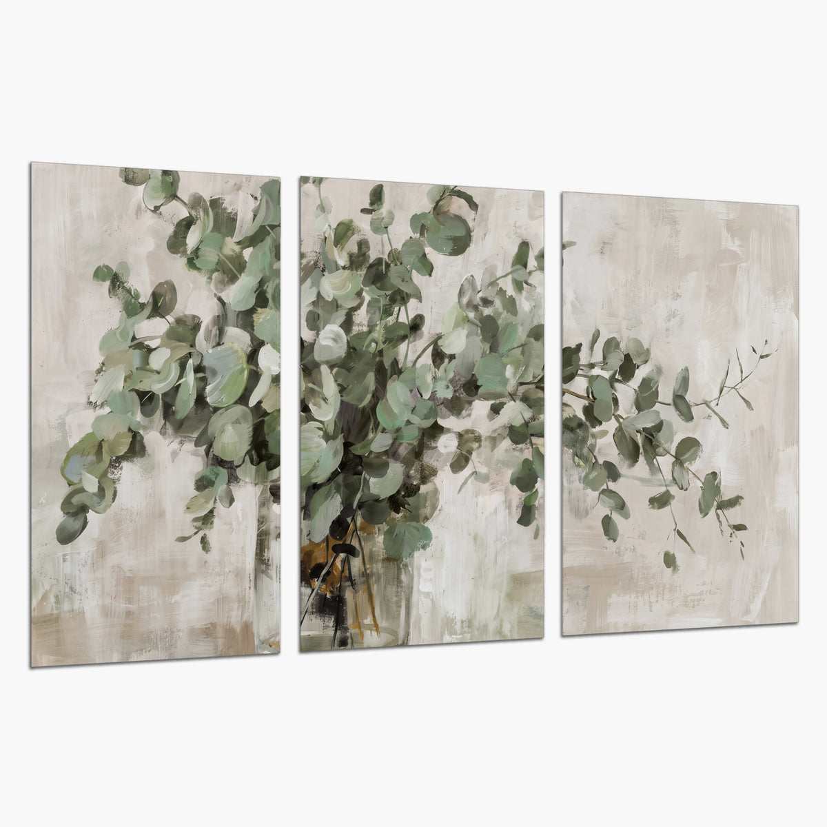 Soft sage eucalyptus leaves and pale stems on a warm cream background set of 3 poster prints on a white background