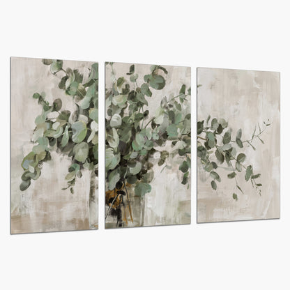 Soft sage eucalyptus leaves and pale stems on a warm cream background set of 3 poster prints on a white background