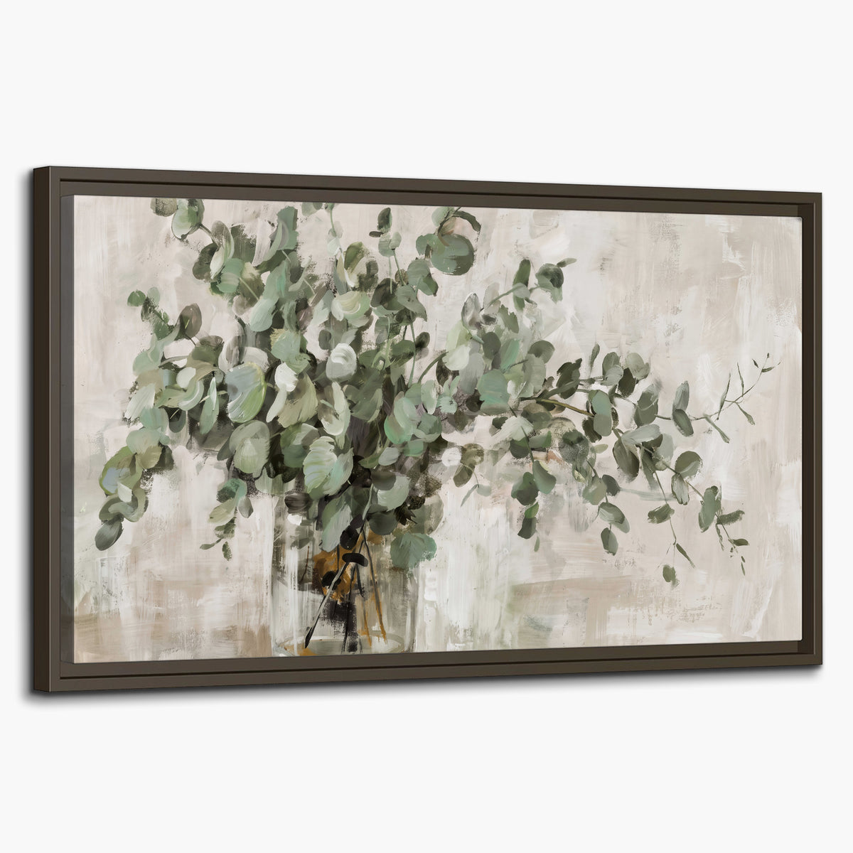 Soft sage eucalyptus leaves and pale stems on a warm cream background single framed canvas wall art on a white background