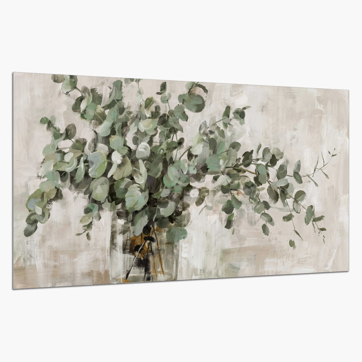 Soft sage eucalyptus leaves and pale stems on a warm cream background single poster print on a white background