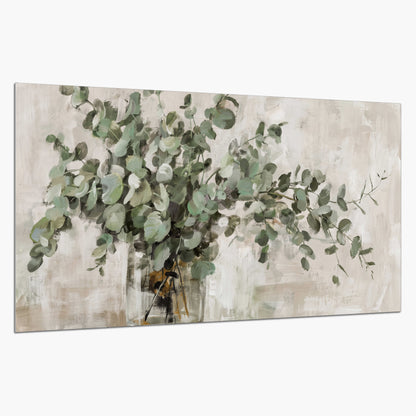 Soft sage eucalyptus leaves and pale stems on a warm cream background single poster print on a white background