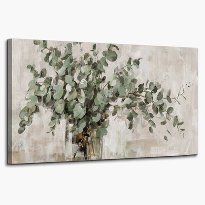 Soft sage eucalyptus leaves and pale stems on a warm cream background single canvas wall art on a white background