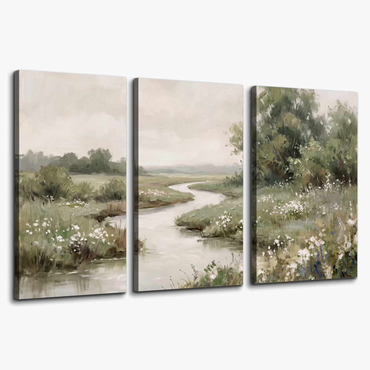 A narrow winding stream through quiet green meadows and trees 3 piece canvas wall art on a white background