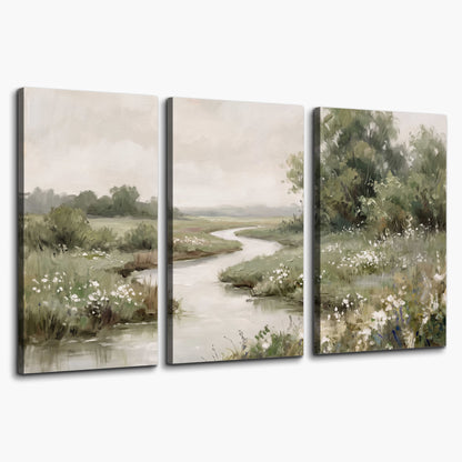 A narrow winding stream through quiet green meadows and trees 3 piece canvas wall art on a white background