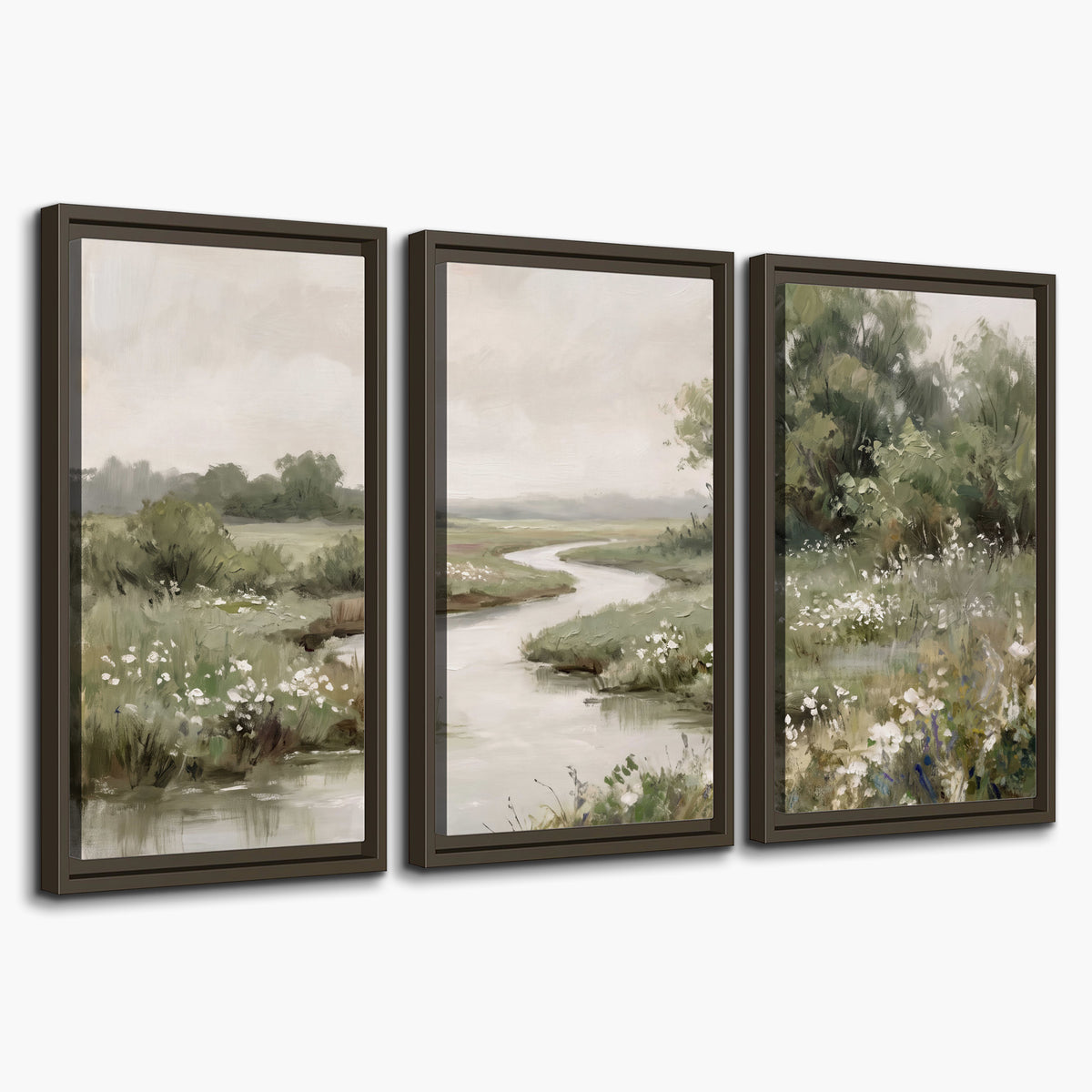 A narrow winding stream through quiet green meadows and trees 3 piece framed canvas wall art on a white background