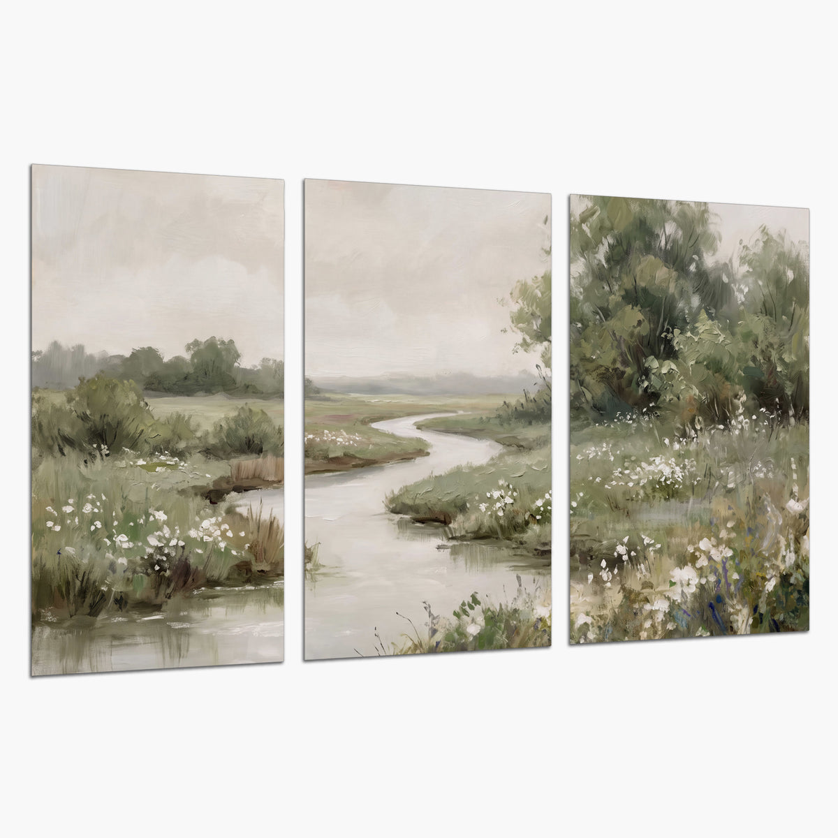 A narrow winding stream through quiet green meadows and trees set of 3 poster prints on a white background