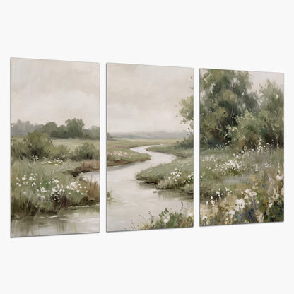 A narrow winding stream through quiet green meadows and trees set of 3 poster prints on a white background