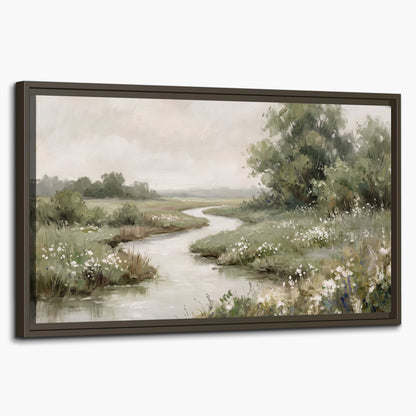 A narrow winding stream through quiet green meadows and trees single framed canvas wall art on a white background