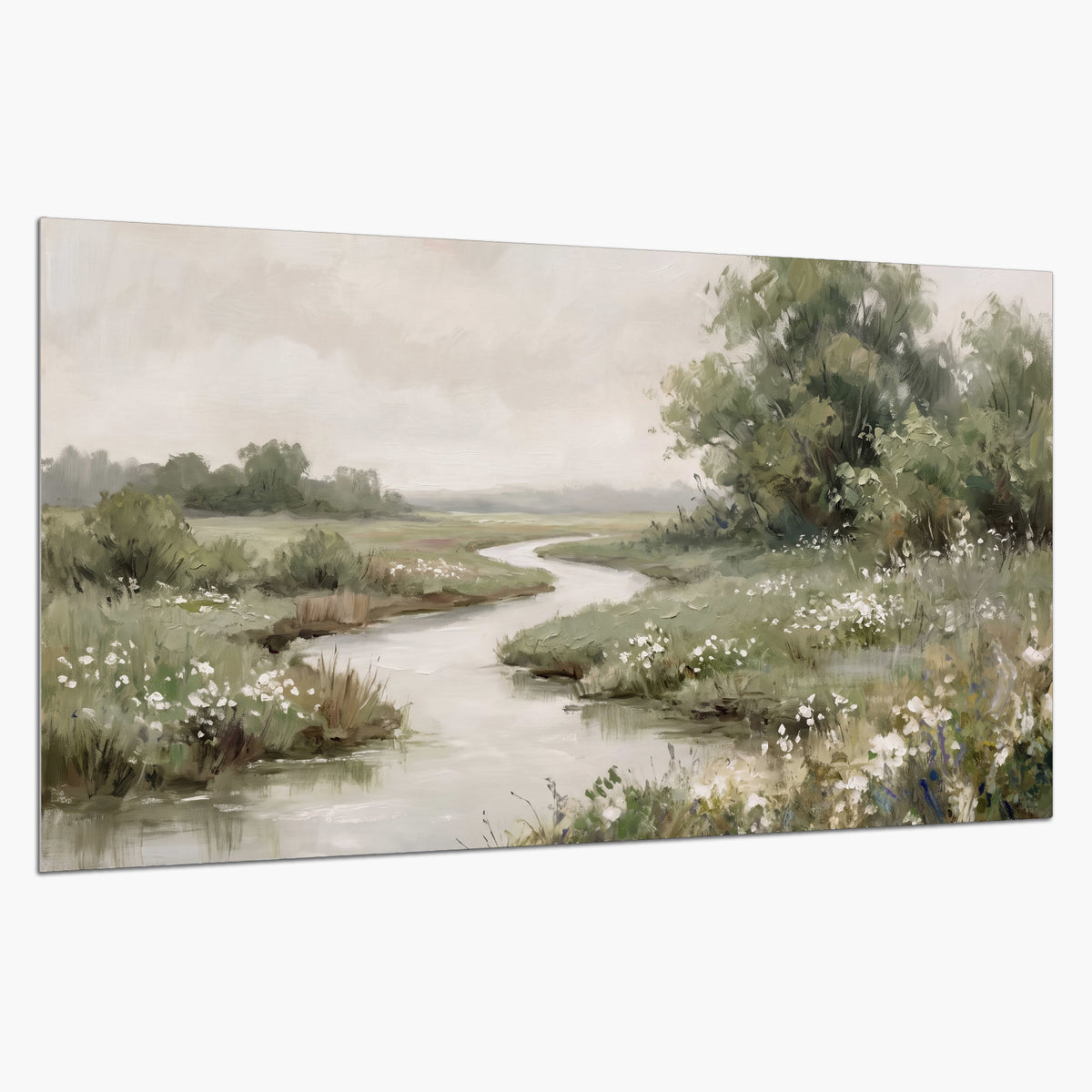 A narrow winding stream through quiet green meadows and trees single poster print on a white background