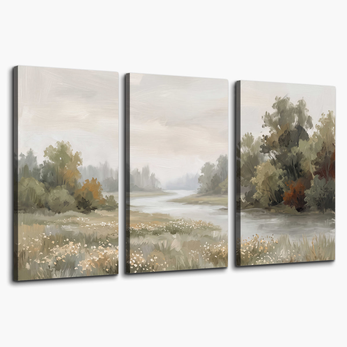 A broad pale river bordered by green trees and small meadow flowers 3 piece canvas wall art on a white background