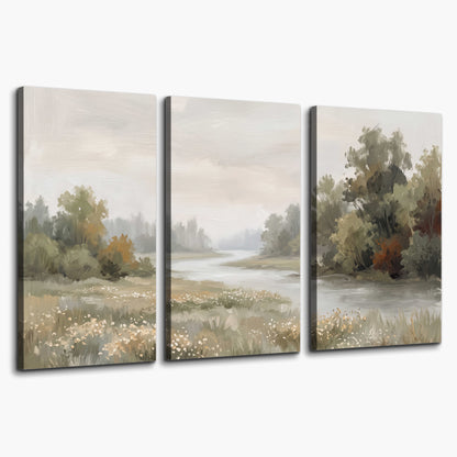 A broad pale river bordered by green trees and small meadow flowers 3 piece canvas wall art on a white background