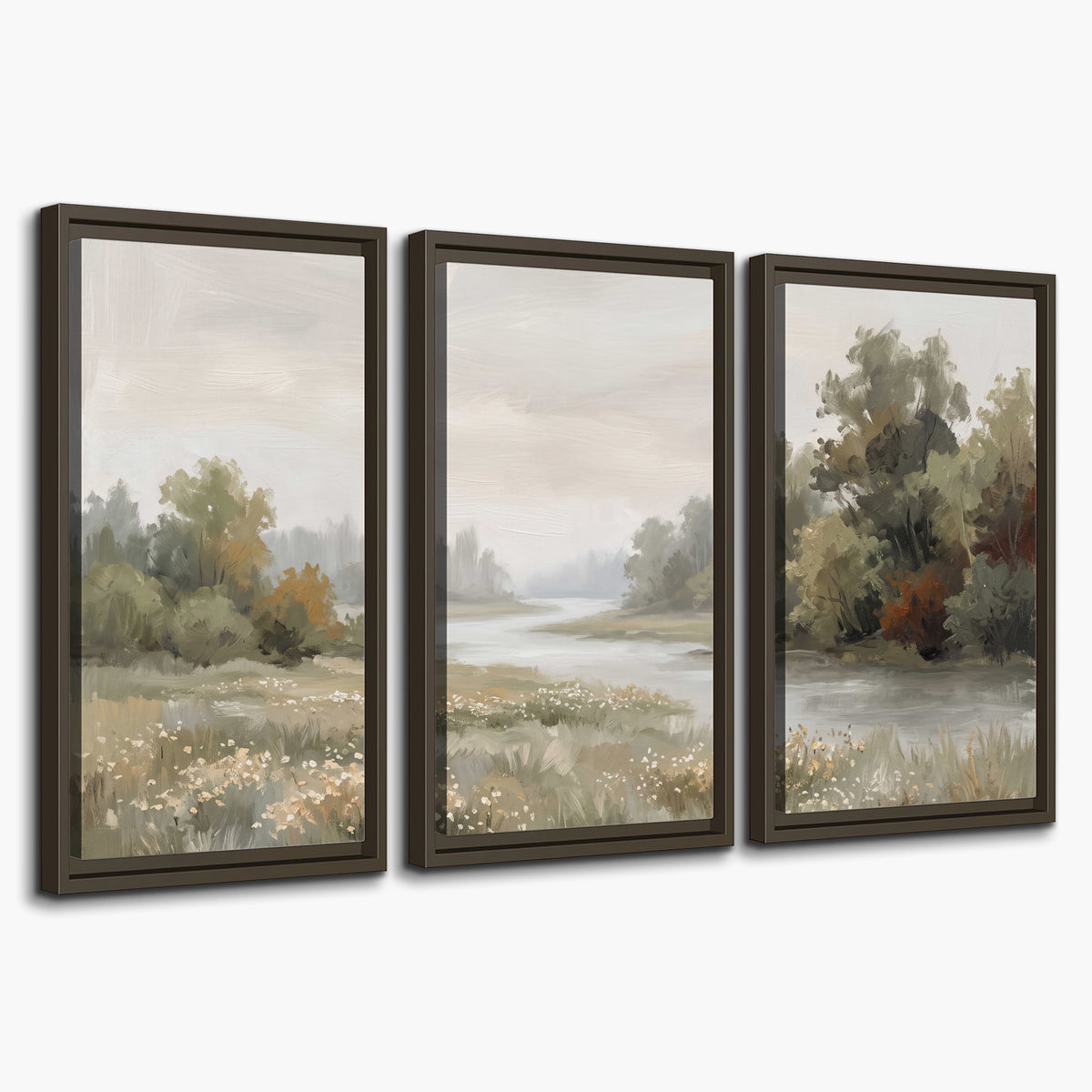 A broad pale river bordered by green trees and small meadow flowers 3 piece framed canvas wall art on a white background