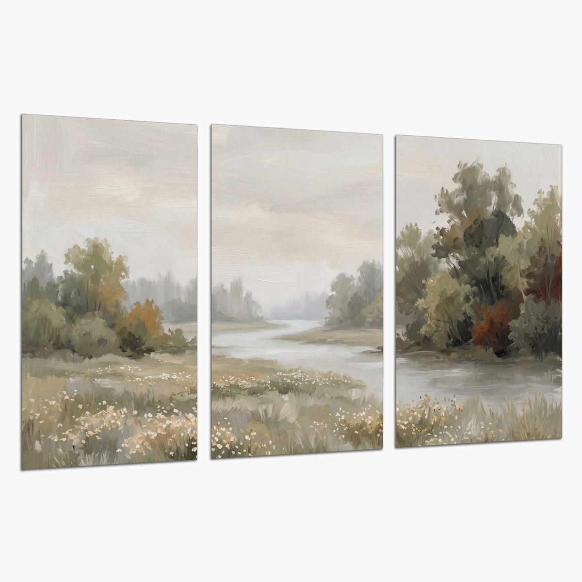 A broad pale river bordered by green trees and small meadow flowers set of 3 poster prints on a white background