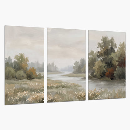 A broad pale river bordered by green trees and small meadow flowers set of 3 poster prints on a white background