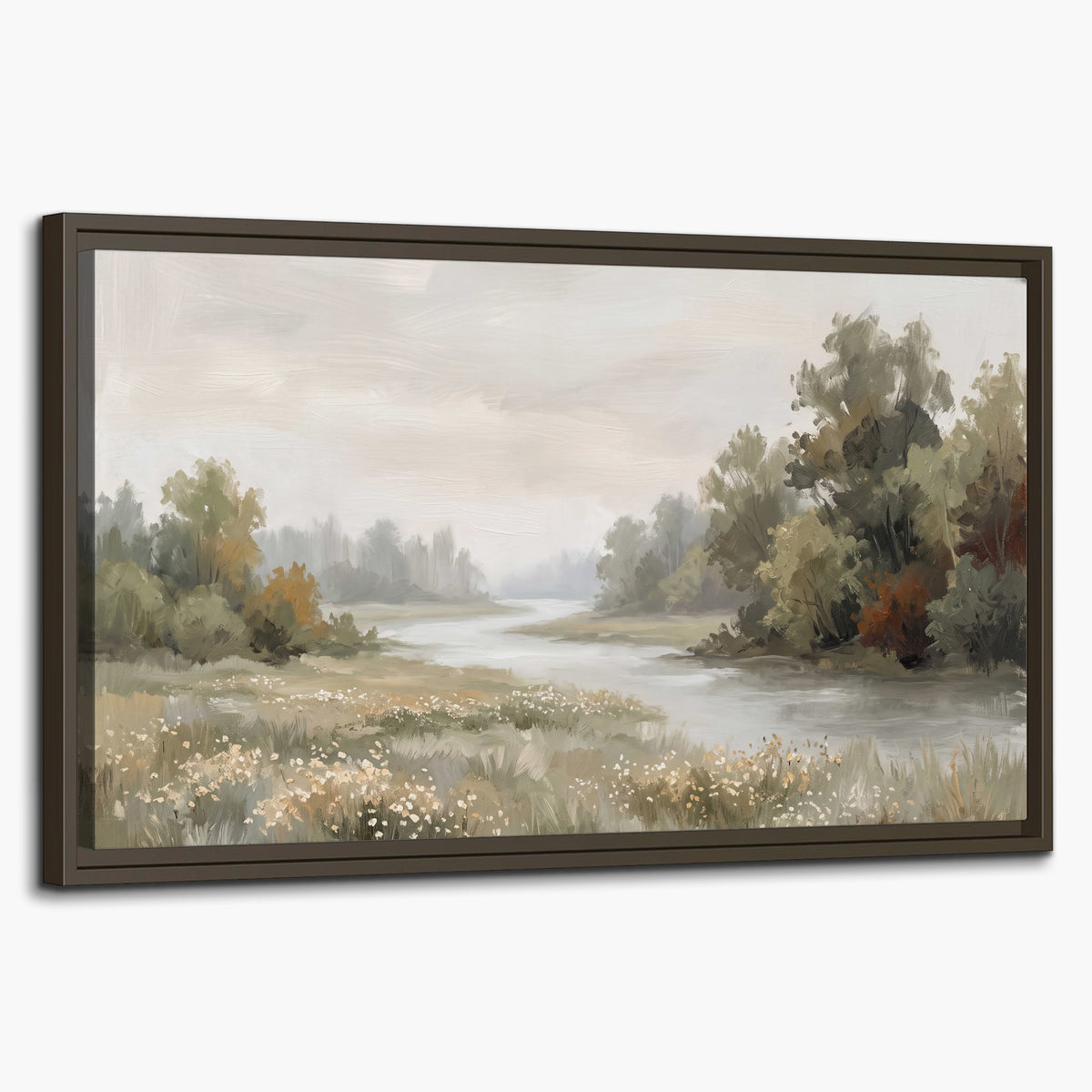 A broad pale river bordered by green trees and small meadow flowers single framed canvas wall art on a white background
