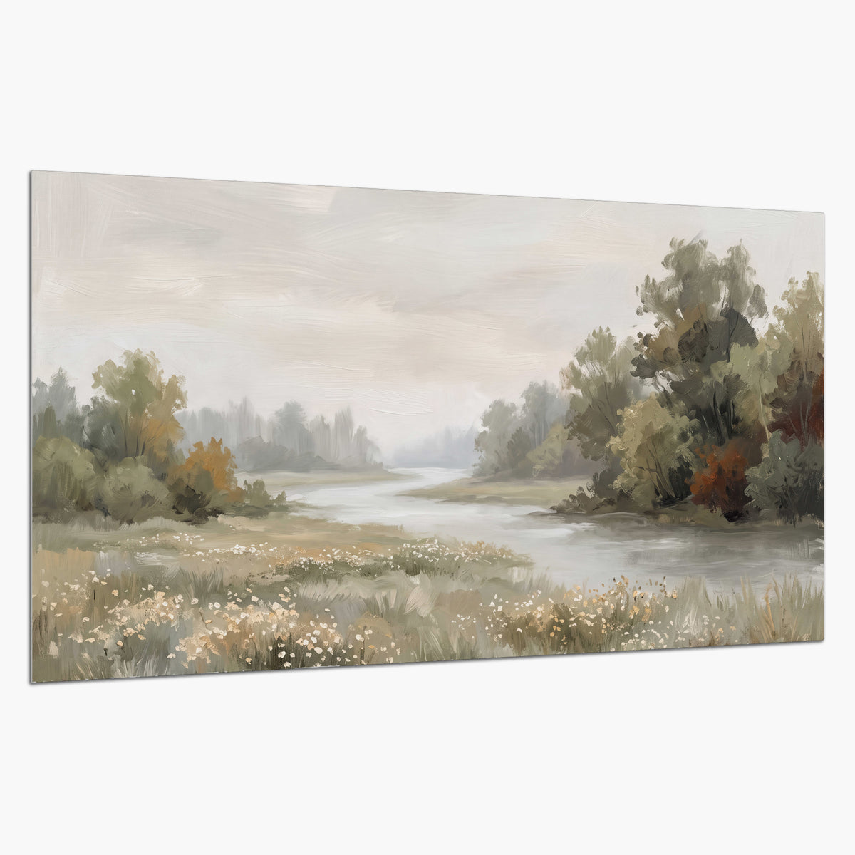 A broad pale river bordered by green trees and small meadow flowers single poster print on a white background