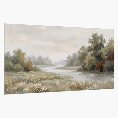 A broad pale river bordered by green trees and small meadow flowers single poster print on a white background