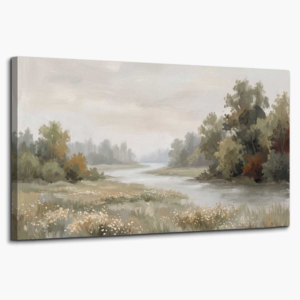 A broad pale river bordered by green trees and small meadow flowers single canvas wall art on a white background