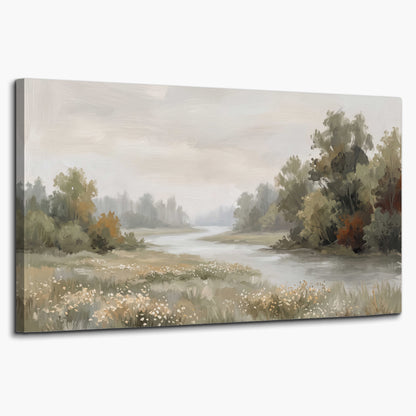 A broad pale river bordered by green trees and small meadow flowers single canvas wall art on a white background