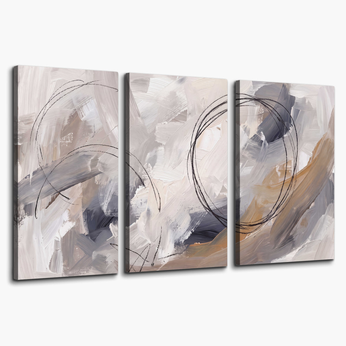 Expressive gray and cream abstract forms with fine gold-colored circular lines 3 piece canvas wall art on a white background