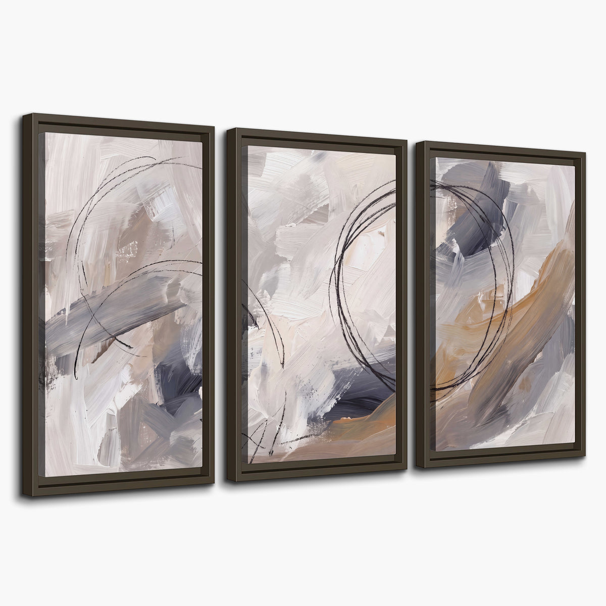 Expressive gray and cream abstract forms with fine gold-colored circular lines 3 piece framed canvas wall art on a white background