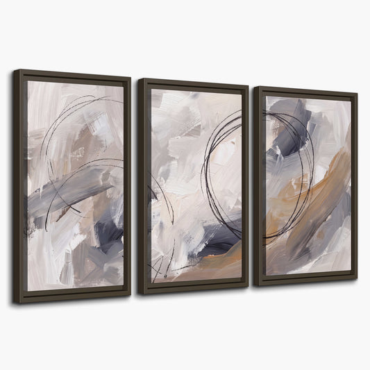 Expressive gray and cream abstract forms with fine gold-colored circular lines 3 piece framed canvas wall art on a white background