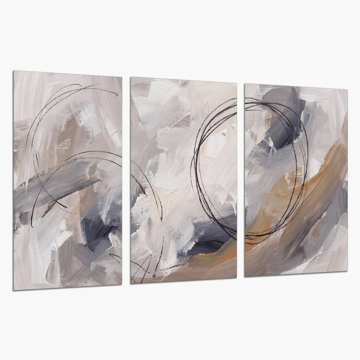 Expressive gray and cream abstract forms with fine gold-colored circular lines set of 3 poster prints on a white background