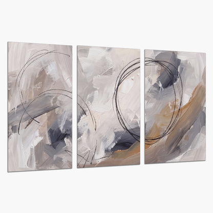 Expressive gray and cream abstract forms with fine gold-colored circular lines set of 3 poster prints on a white background