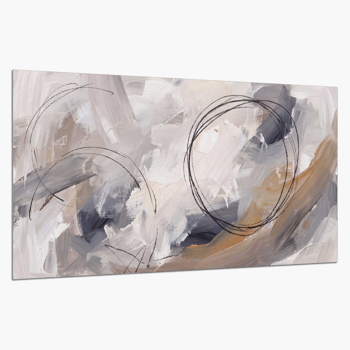 Expressive gray and cream abstract forms with fine gold-colored circular lines single poster print on a white background