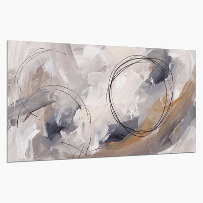 Expressive gray and cream abstract forms with fine gold-colored circular lines single poster print on a white background
