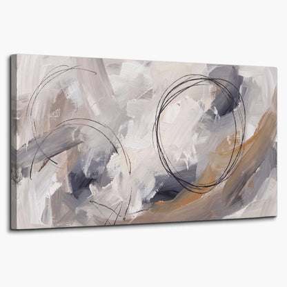 Expressive gray and cream abstract forms with fine gold-colored circular lines single canvas wall art on a white background
