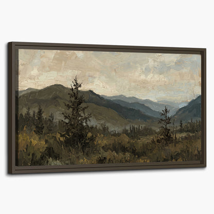 Layered mountain ridges and dark evergreen trees beneath a muted cloudy sky single framed canvas wall art on a white background