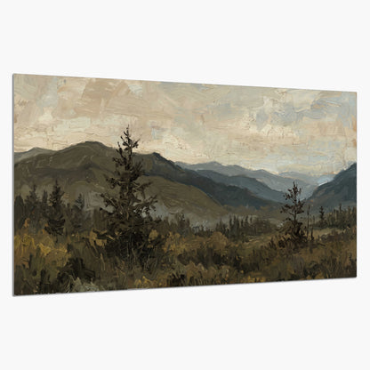 Layered mountain ridges and dark evergreen trees beneath a muted cloudy sky single poster print on a white background