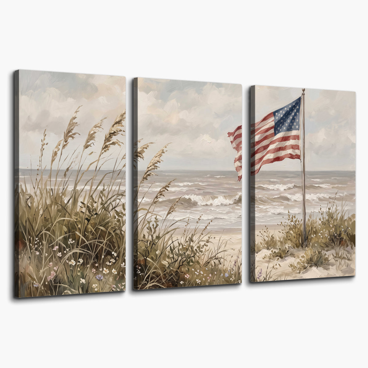 An American flag above coastal grasses beside a quiet sandy beach 3 piece canvas wall art on a white background
