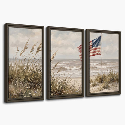An American flag above coastal grasses beside a quiet sandy beach 3 piece framed canvas wall art on a white background