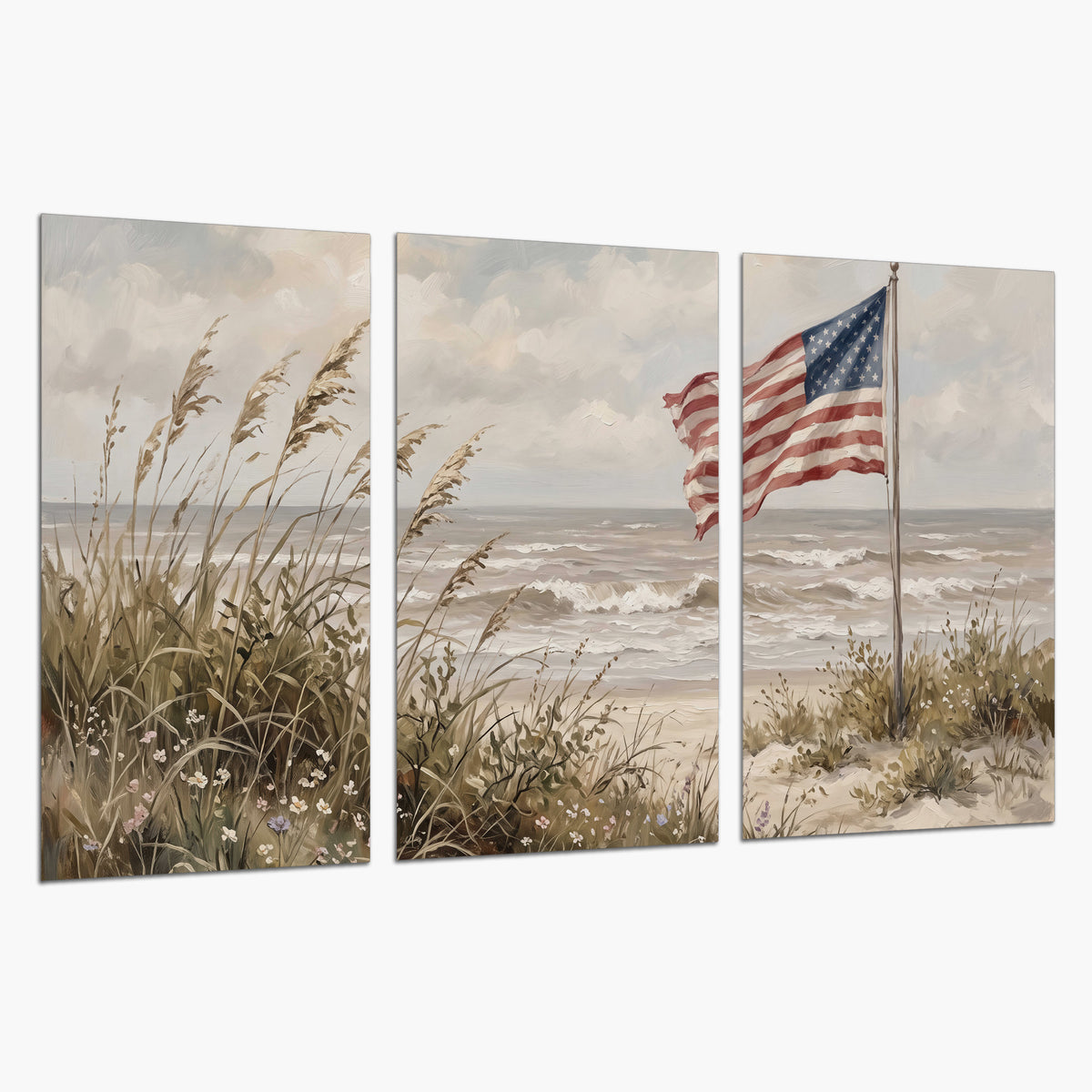 An American flag above coastal grasses beside a quiet sandy beach set of 3 poster prints on a white background