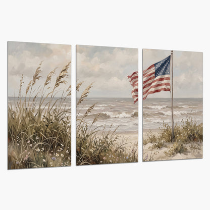 An American flag above coastal grasses beside a quiet sandy beach set of 3 poster prints on a white background
