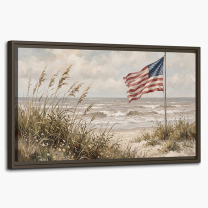 An American flag above coastal grasses beside a quiet sandy beach single framed canvas wall art on a white background