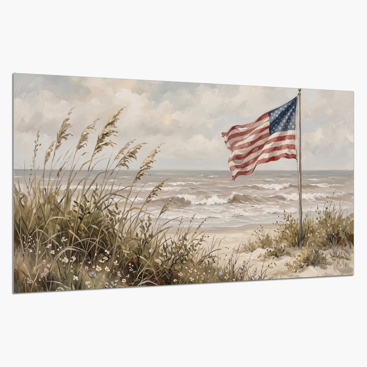 An American flag above coastal grasses beside a quiet sandy beach single poster print on a white background