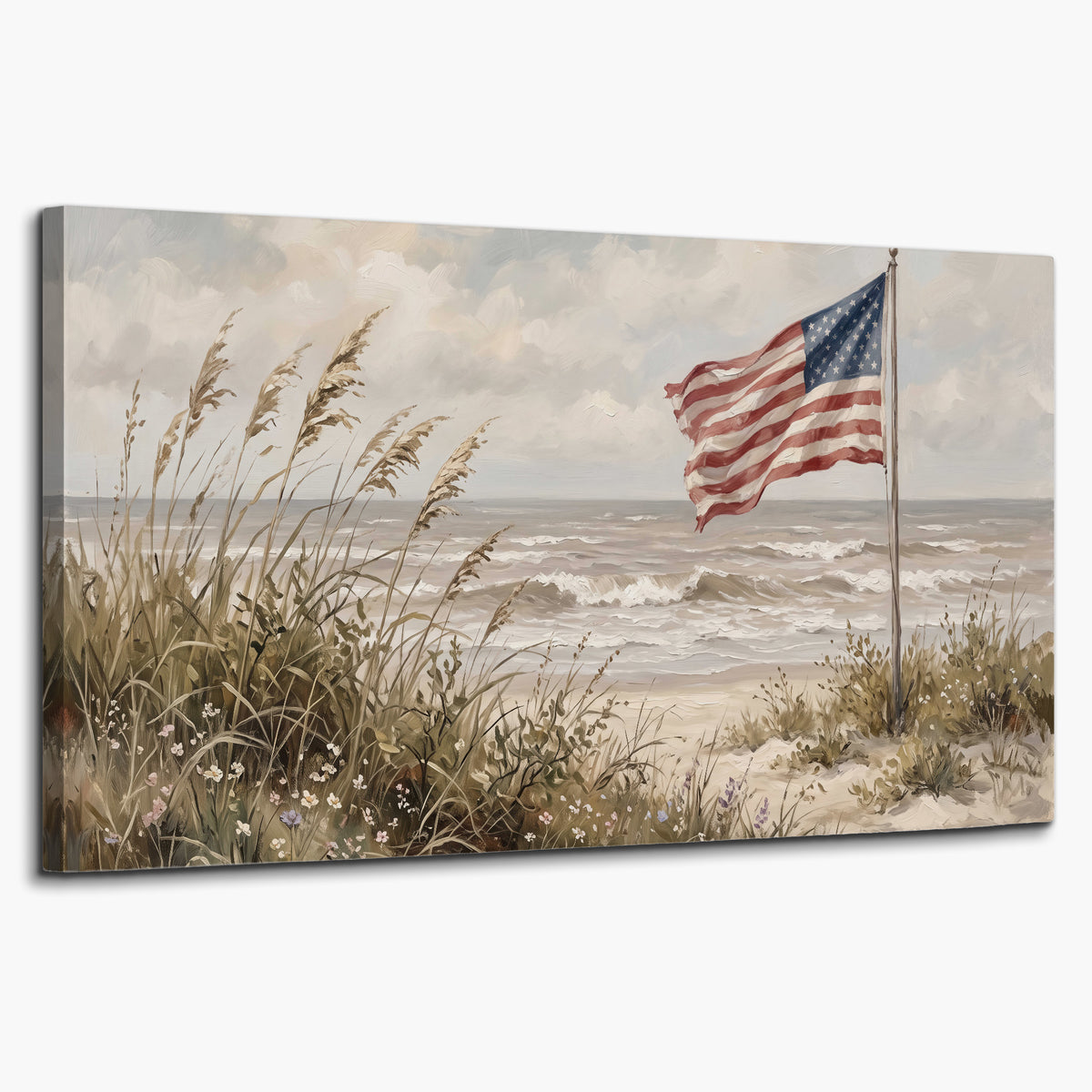 An American flag above coastal grasses beside a quiet sandy beach single canvas wall art on a white background