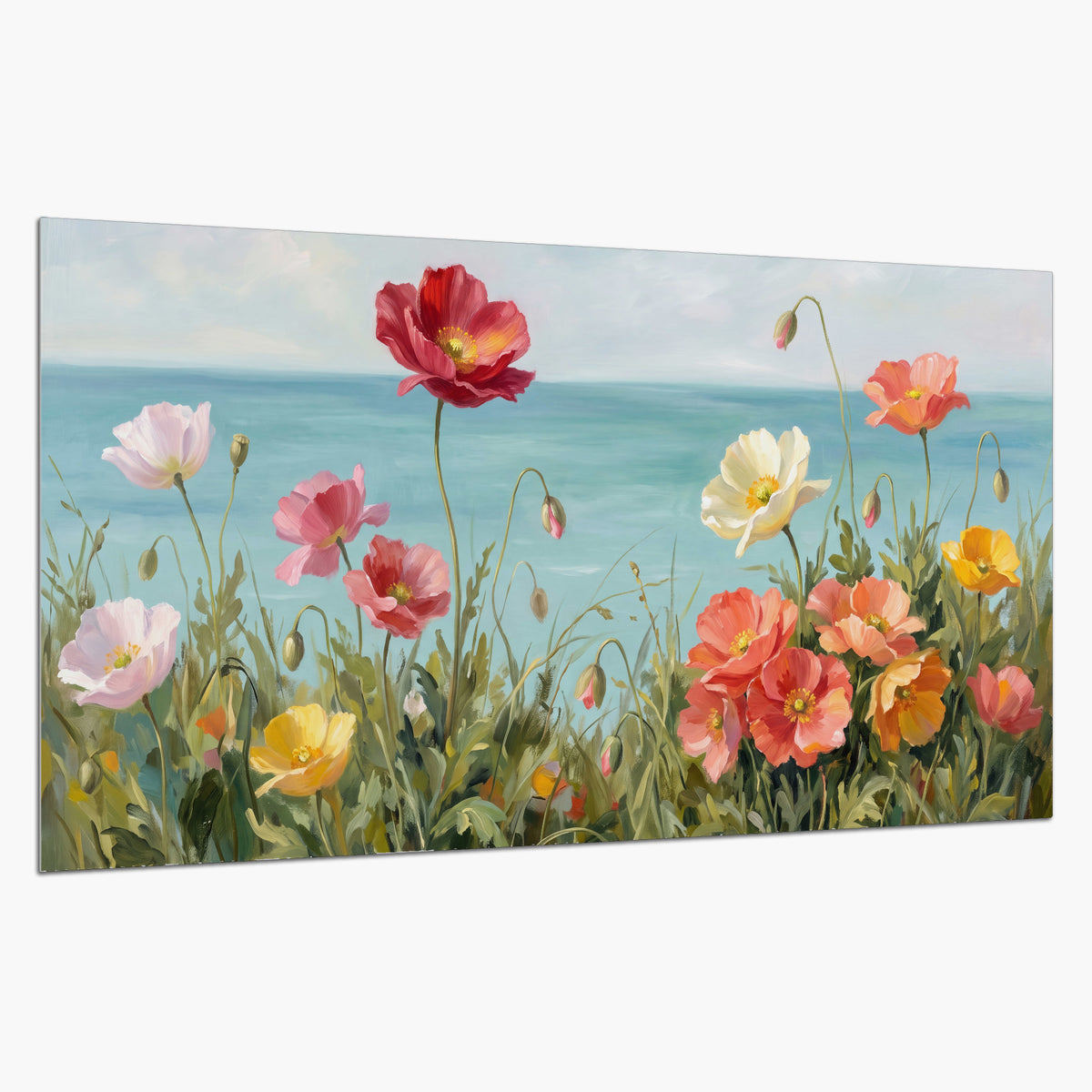 Colorful red, peach and yellow flowers beside a turquoise sea single poster print on a white background